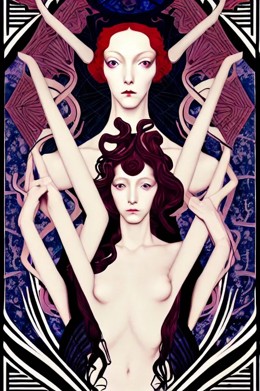 Image similar to a triad of winter muses, style blending æon flux, shepard fairey, botticelli, ivan bilibin, and john singer sargent, inspired by pre - raphaelites, shoujo manga, and harajuku fashion, stark landscape, muted dark colors, superfine inklines, ethereal, otherworldly, 4 k photorealistic, arnold render