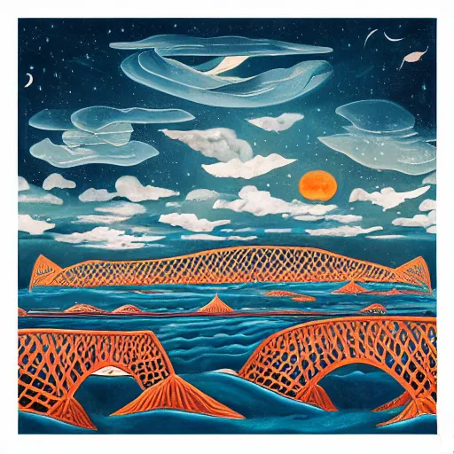 Image similar to The print shows a group of flying islands, each with its own unique landscape, floating in the night sky. The islands are connected by a network of bridges, and a small group of people can be seen walking along one of the bridges. by Ub Iwerks, by Rebeca Saray, by Judy Chicago balmy, monumental