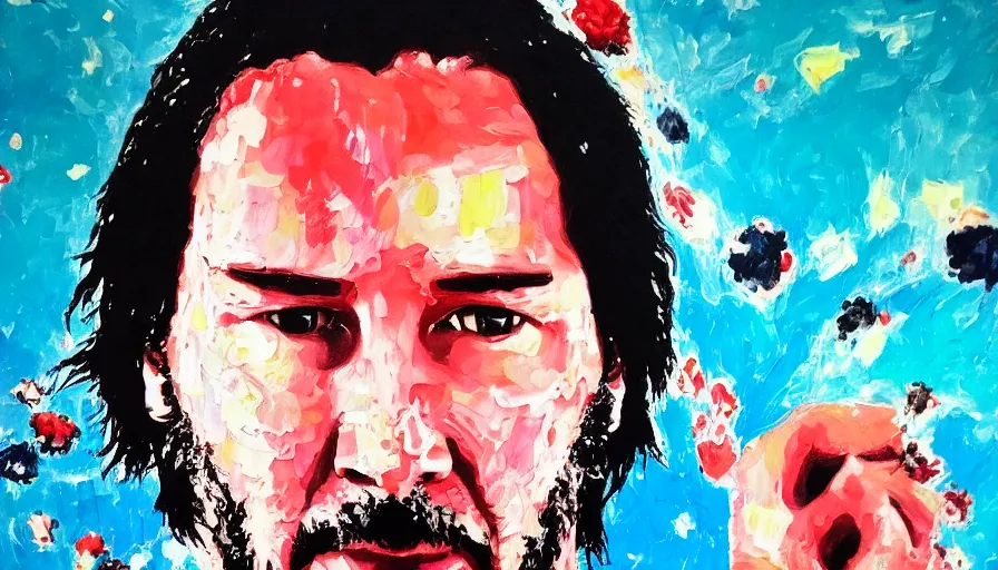 Image similar to portrait of Keanu reeves floating in space with a distressed look on his face, acrylic paint on canvas,