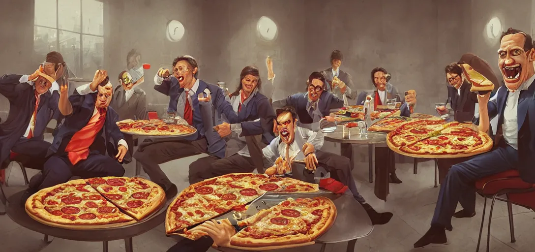 Prompt: business men eating a pizza, 80s style, smiling maniacally, 8k, james gurney, greg rutkowski, john howe, artstation