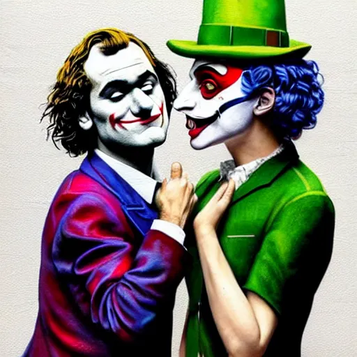 Image similar to ilya yefimovich repin and mimmo rottela and banksy as joaquin phoenix skinny joker, holding lady gaga harley queen hand, ultra photorealistic, intricate details, pop art style, concept art, confident posse, justify content center, 2 colours, warm color, 4 k, ultra smooth, sharp focus, perfect details