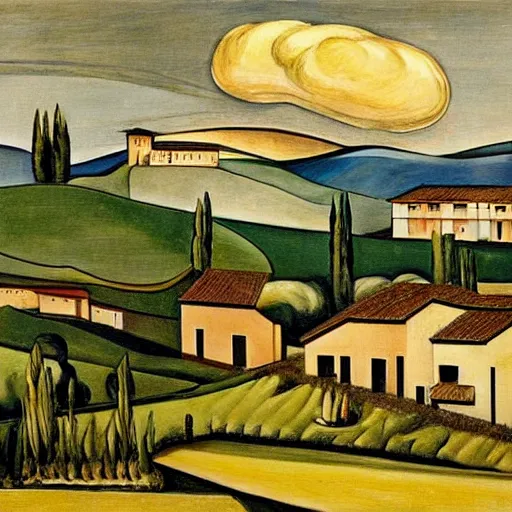 Image similar to dreaming tesla in toscana landscape with modern houses, painted by Giorgio de Chirico, highly detailed