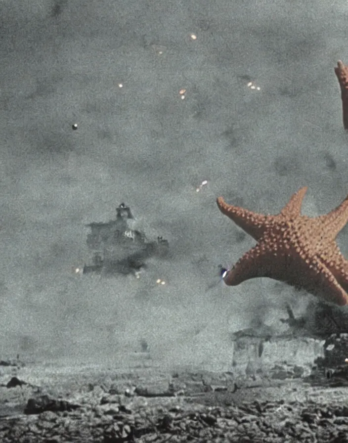 Image similar to a filmstill of a north korean monster movie, kaiju - eiga monster starfish - like trampling a traditional korean palace, foggy, film noir, epic battle, etheral, explosions, communist starfish, thriller, by akira kurosawa and wes anderson video compression