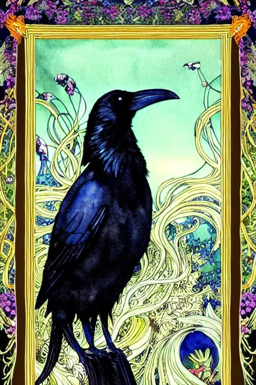 Image similar to photo realistic single realistic raven in the center of an ornate floral frame, art by kay nielsen and walter crane, illustration style, watercolor