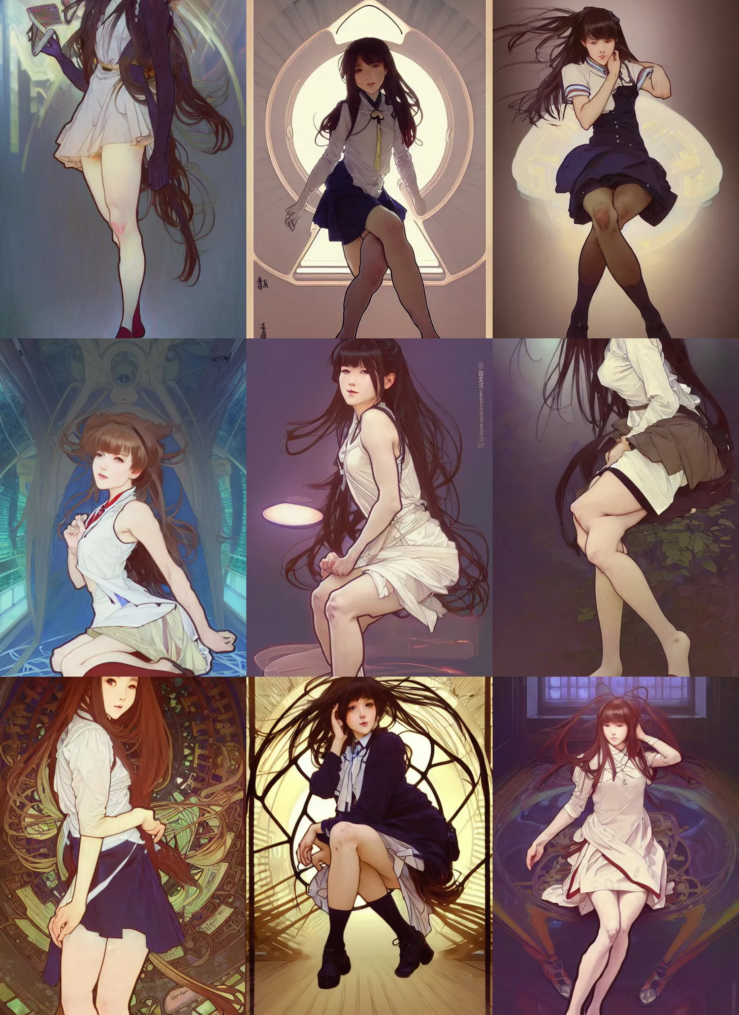 Image similar to a digital concept art by artgerm and greg rutkowski and alphonse mucha. full body!! clear portrait of a squatting attractive japanese school girl in uniform!! sit on floor!! knee length stockings ， school bag, light effect. hyper detailed, character concept, glowing lights!! intricate, elegant, digital painting, artstation, smooth, sharp focus