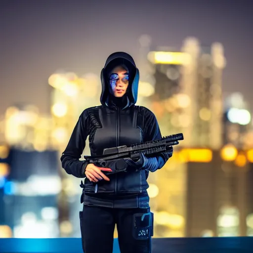 Image similar to photographic portrait of a techwear woman holding a Glock 18, closeup, on the rooftop of a futuristic city at night, sigma 85mm f/1.4, 4k, depth of field, high resolution, 4k, 8k, hd, full color