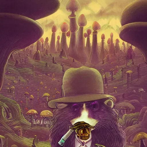 Image similar to a centered chest up portrait of a psychedelic demonic anthropomorphic badger smoking a hand - rolled cigarette smoking heavily, magic mushroom village in background. award winning. superb resolution. in the art style of junji ito and greg rutkowski. detailed mushroom city in background. hyper realistic anime. perfect art. dalle 2