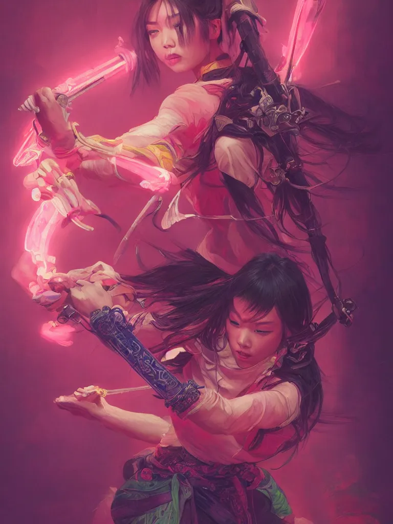 Prompt: character portrait Painting of an Asian woman wielding a katana, upper body, neon lighting, glow ambient lighting, intricate, wild, highly detailed, digital painting, artstation, concept art, smooth, sharp focus, illustration, art by artgerm and greg rutkowski and alphonse mucha