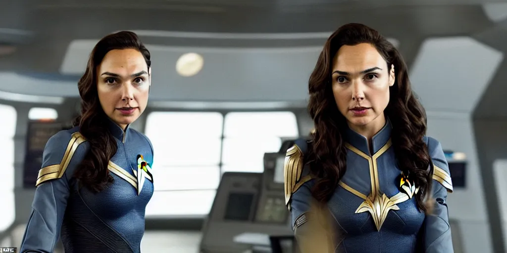 Image similar to gal gadot, in full starfleet uniform, is the captain of the starship enterprise in the new star trek movie