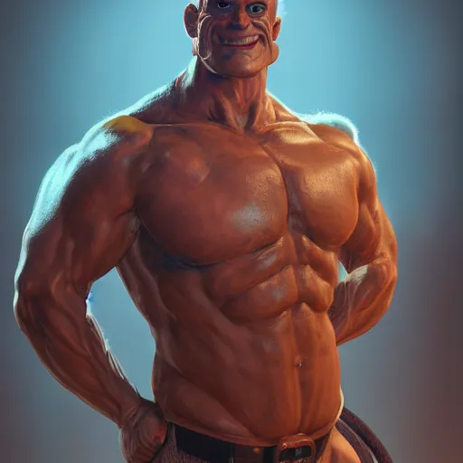 Image similar to 3 5 mm photo of popeye the sailor man wearing leather gear in the style of tom of finland, hairy chest, full body, ultra high detailed, glowing lights, oil painting, unreal 5, daz, hyperrealistic, octane render, rpg portrait, dynamic lighting, fantasy art, beautiful face