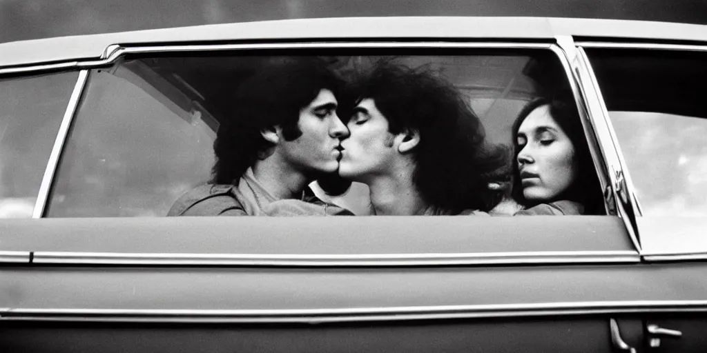 Image similar to 1 9 7 0 s car window closeup, young man and woman kissing in the back seat, coloured film photography, elliott erwitt photography