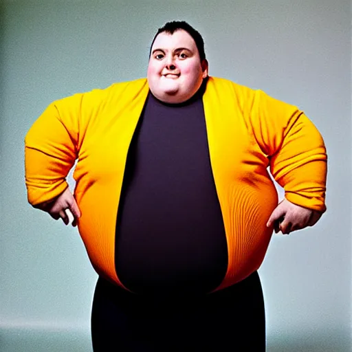 Prompt: a vibrant portrait photograph of the fattest man on earth, kodak portra, studio lighting, f 1. 8, guinness world book of records