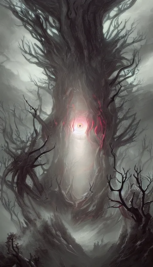 Image similar to a storm vortex made of many demonic eyes and teeth over a forest, by charlie bowater