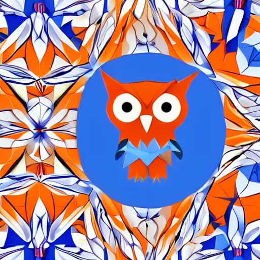 Prompt: logo featuring an owl's head as origami art with piercing white eyes, blue and orange colors, white background, Cut style, detailed