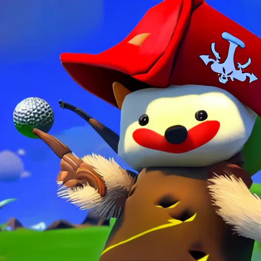 Image similar to hedgehog playing golf in sea of thieves, hedgehog wearing a pirate hat, cute, colourful, happy, adorable