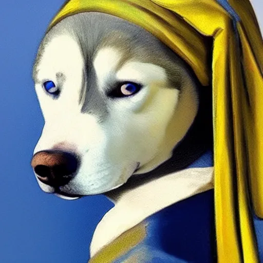 Image similar to girl with a pearl earring but as a siberian husky dog, ultra realistic, very detailed