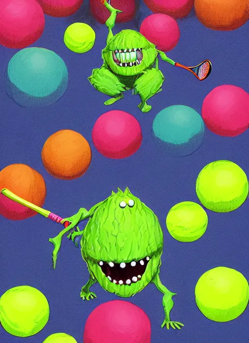 Image similar to tennis ball monsters playing tennis, a tennis ball monster, tennis ball, colorful, digital art, fantasy, magic, trending on artstation, ultra detailed, professional illustration, chalk, poster artwork by basil gogos, clean