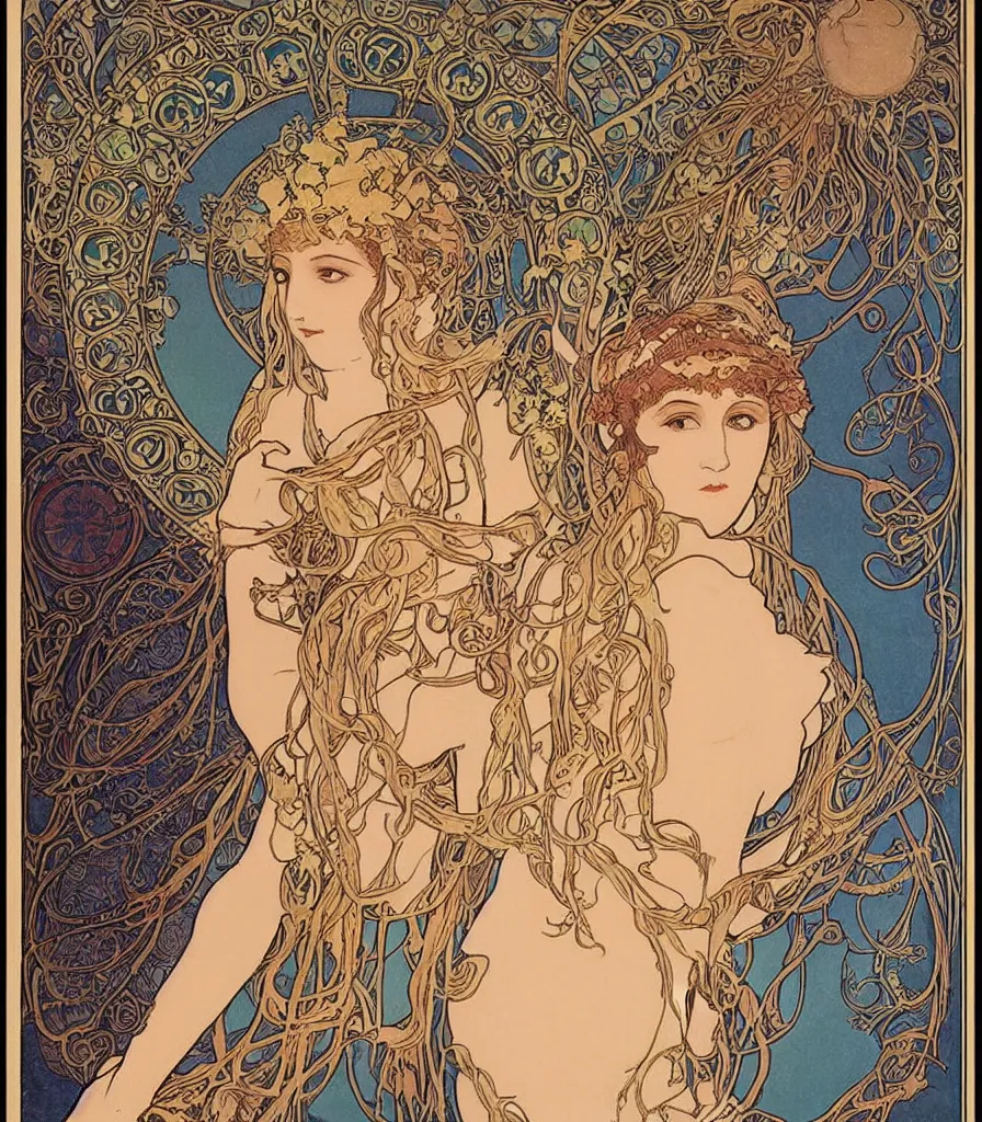 Prompt: an art noveau poster of a beautiful moon goddess by Mucha