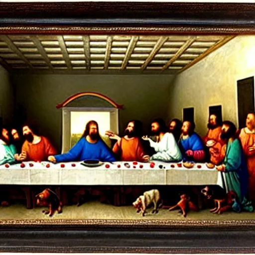 Image similar to The last supper but with dogs, oil on canvas, 1883