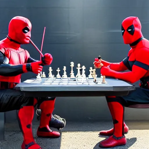 Image similar to daredevil and deadpool sat by a chess table