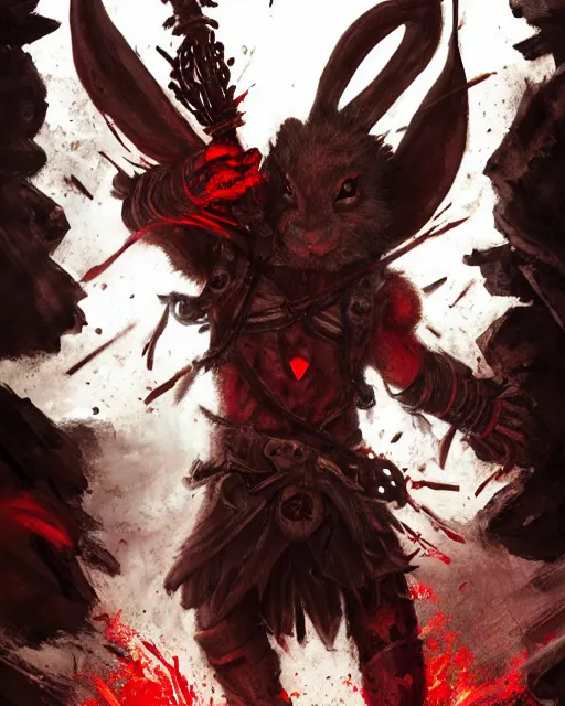 Image similar to Rabbit Berserker, rage, maniac, war paint, red, Khorne, magic the gathering artwork, D&D, fantasy, cinematic lighting, centered, symmetrical, highly detailed, digital painting, artstation, concept art, smooth, sharp focus, illustration, volumetric lighting, epic Composition, 8k, art by Akihiko Yoshida and Greg Rutkowski and Craig Mullins, oil painting, cgsociety