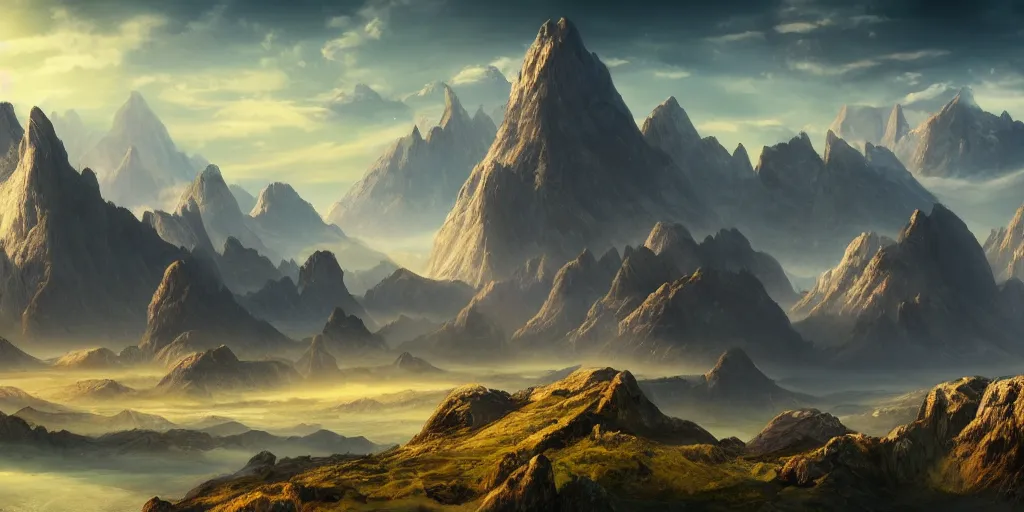 Prompt: The god-like landscape with mountains in the background, Sci-Fi fantasy desktop wallpaper, painted, 4k, high detail, sharp focus