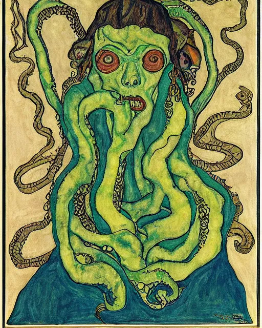 Image similar to portrait of cthulhu by egon schiele