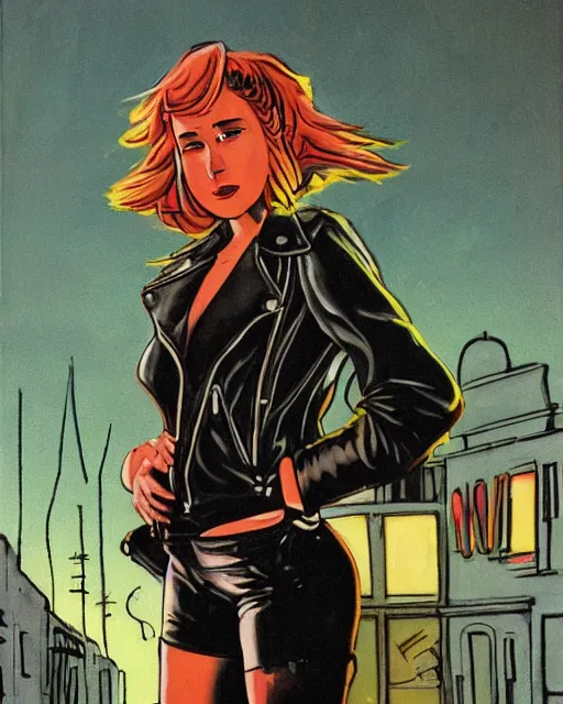 Image similar to young female protagonist in leather jacket, city street, artwork by ralph bakshi