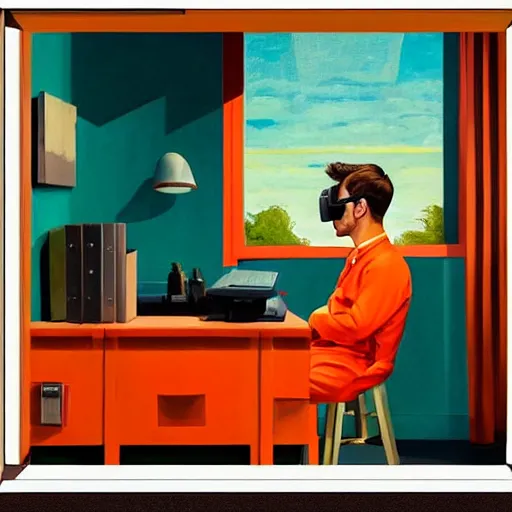 Image similar to A fine art painting of a man wearing Vr goggles dressed in orange overalls and creating the metaverse at a desk with screens, view from outside through a window on a British street. In the style of Edward Hopper and Wes Anderson