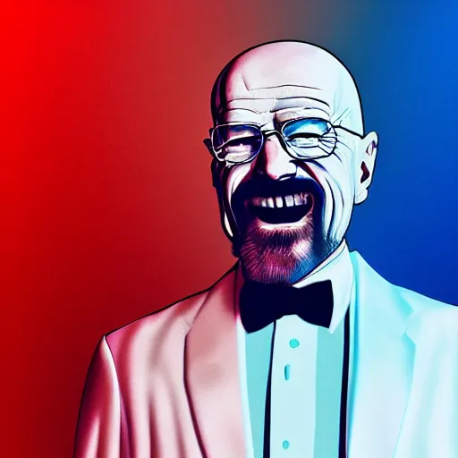 Image similar to walter white in a white tuxedo, laughing in a night club, neon lights and laser show