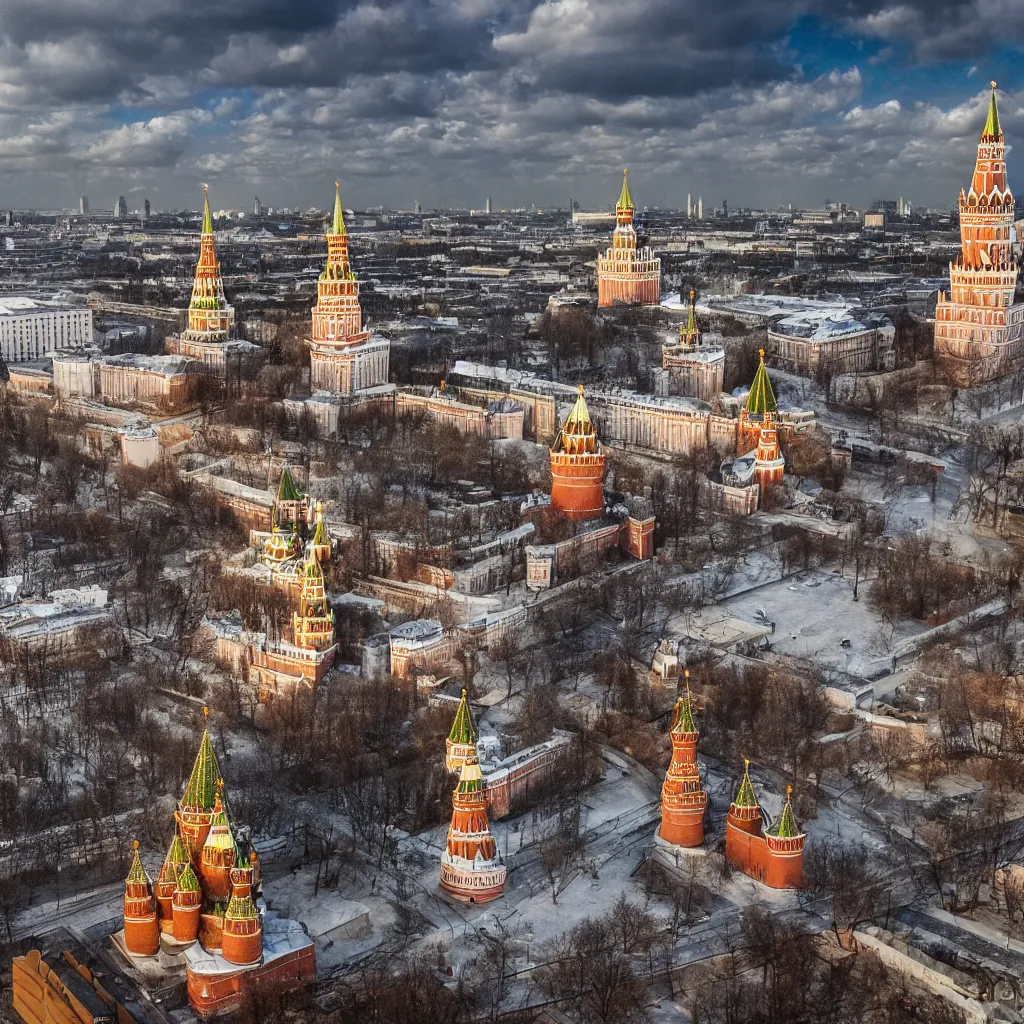 Image similar to collapse of kremlin moscow, destruction, chaos, 4 k, realistic, professional photography