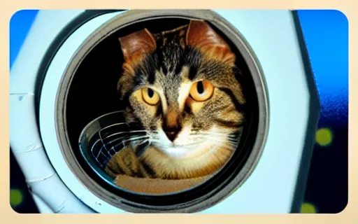 Prompt: The cat looks out the porthole, background planet in space