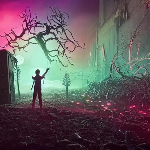 Image similar to vecna from stranger things, demonic hellscape in the background, cyberpunk colors, atmospheric, ominous, 8 k, award winning photography