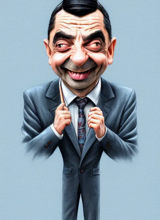 Prompt: highly detailed pencil sketch caricature portrait of silly mr bean gangster by ross tran, by greg rutkowski, brush strokes, 4 k resolution, light blue pastel background