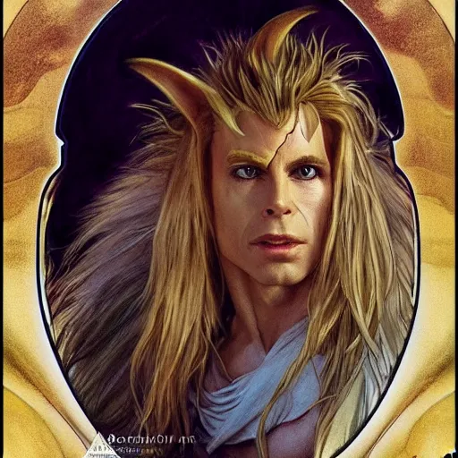 Image similar to amazing lifelike award winning pencil illustration of jareth the goblin king trending on art station artgerm Greg rutkowski alphonse mucha cinematic
