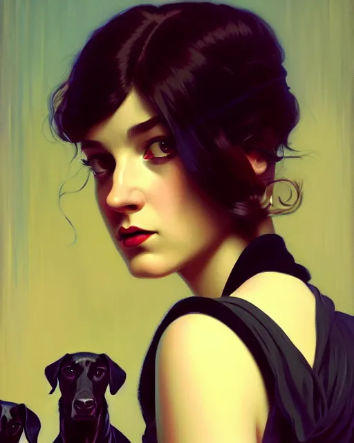 Image similar to stylized portrait by aykutmakut of an artistic pose, composition, young victorian sad fancy lady, surrounded by greyhounds, cinematic moody colors, realistic shaded, fine details, realistic shaded lighting poster by ilya kuvshinov, magali villeneuve, artgerm, jeremy lipkin and michael garmash and rob rey