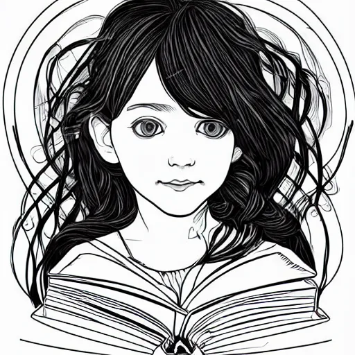 Image similar to clean simple line art of a little girl with short wavy curly light brown hair and blue eyes, reading a book. no background. well composed, clean, black and white, beautiful detailed face line art by ilya kuvshinov and alphonse mucha