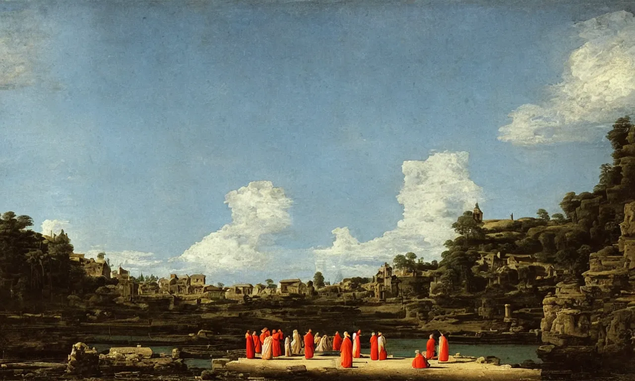 Prompt: a beautiful landscape with hermit monks, highly detailed, Painting by Canaletto