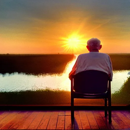 Image similar to A very old man, sitting in a chair in front of a window, looking out at a beautiful sunset award winning photograph