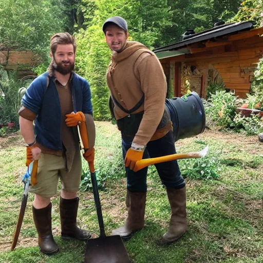 Image similar to handsome attractive hobbit dudes doing fantasy yardwork