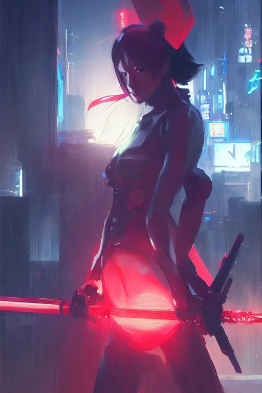 Image similar to portrait of ninja slayer, japan, neon lighting, night city, digital art from artstation by Ruan Jia and Mandy Jurgens and Artgerm and william-adolphe bouguereau and Greg Rutkowski