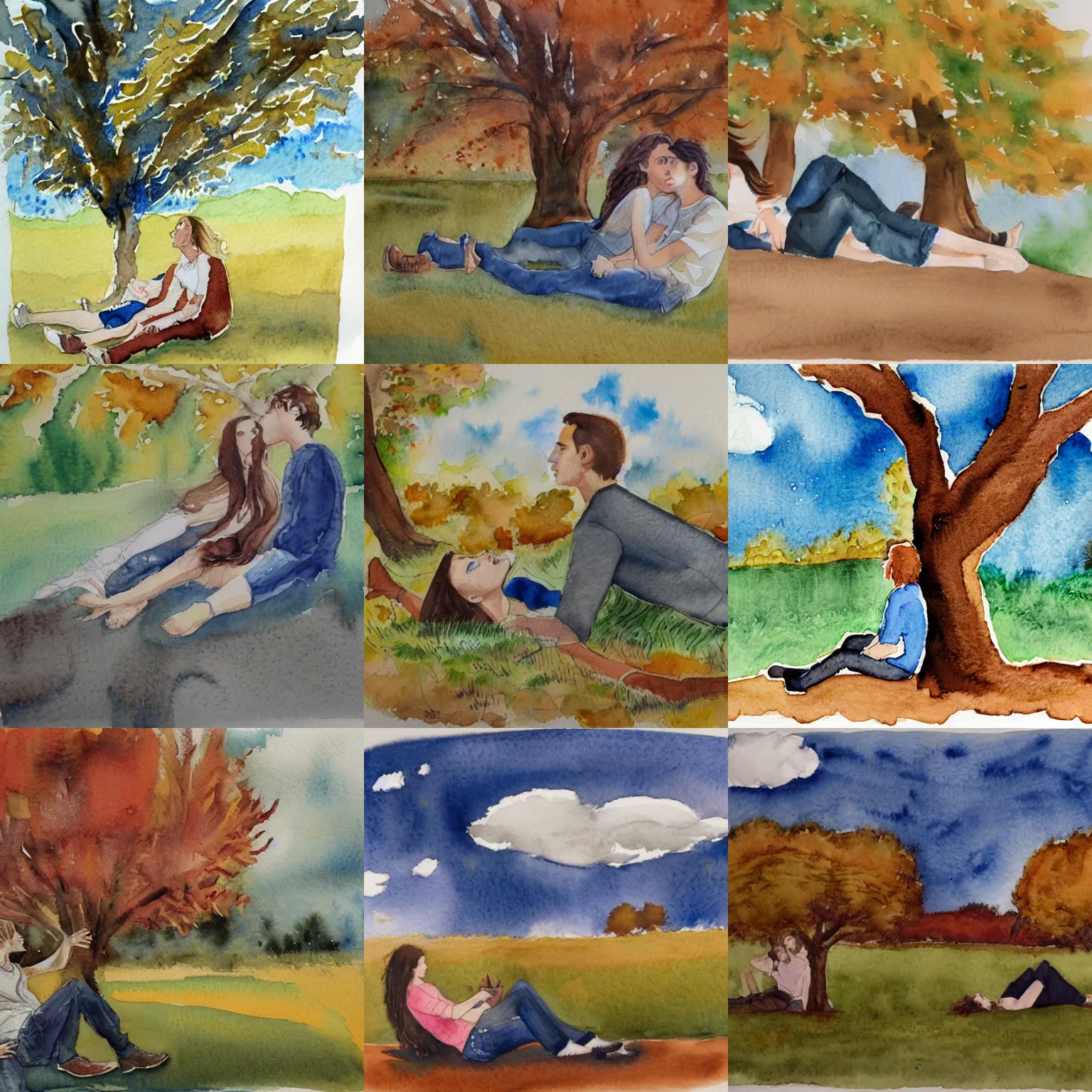 Prompt: long shot watercolour of young man and woman with long brown hair, laying under a tree looking at clouds autumn, ( ( ( wearing jeans ) ) )