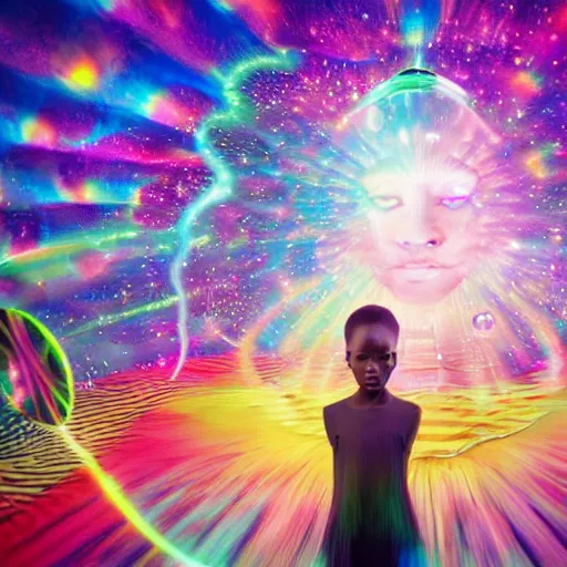 Prompt: african!!! boys and girls playing with holograms and iridescent bubbles of light near the space gates of futuristic heaven, by Adi granov and afarin sajedi and amanda sage and evgeni gordiets and Agostino Arrivabene in a psychedelic portrait style, afofuturism, afropunk, black art, rendered in octane, volumetric lighting, digital illustration, fractal, extremely symmetrical!!, highly detailed faces, 8k, hd.