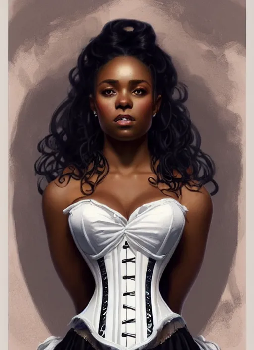 Image similar to cute black woman wearing a white corset dress, fantasy, intricate, highly detailed, digital painting, artstation, concept art, wallpaper, smooth, sharp focus, illustration, art by artgerm and greg rutkowski and alphonse mucha