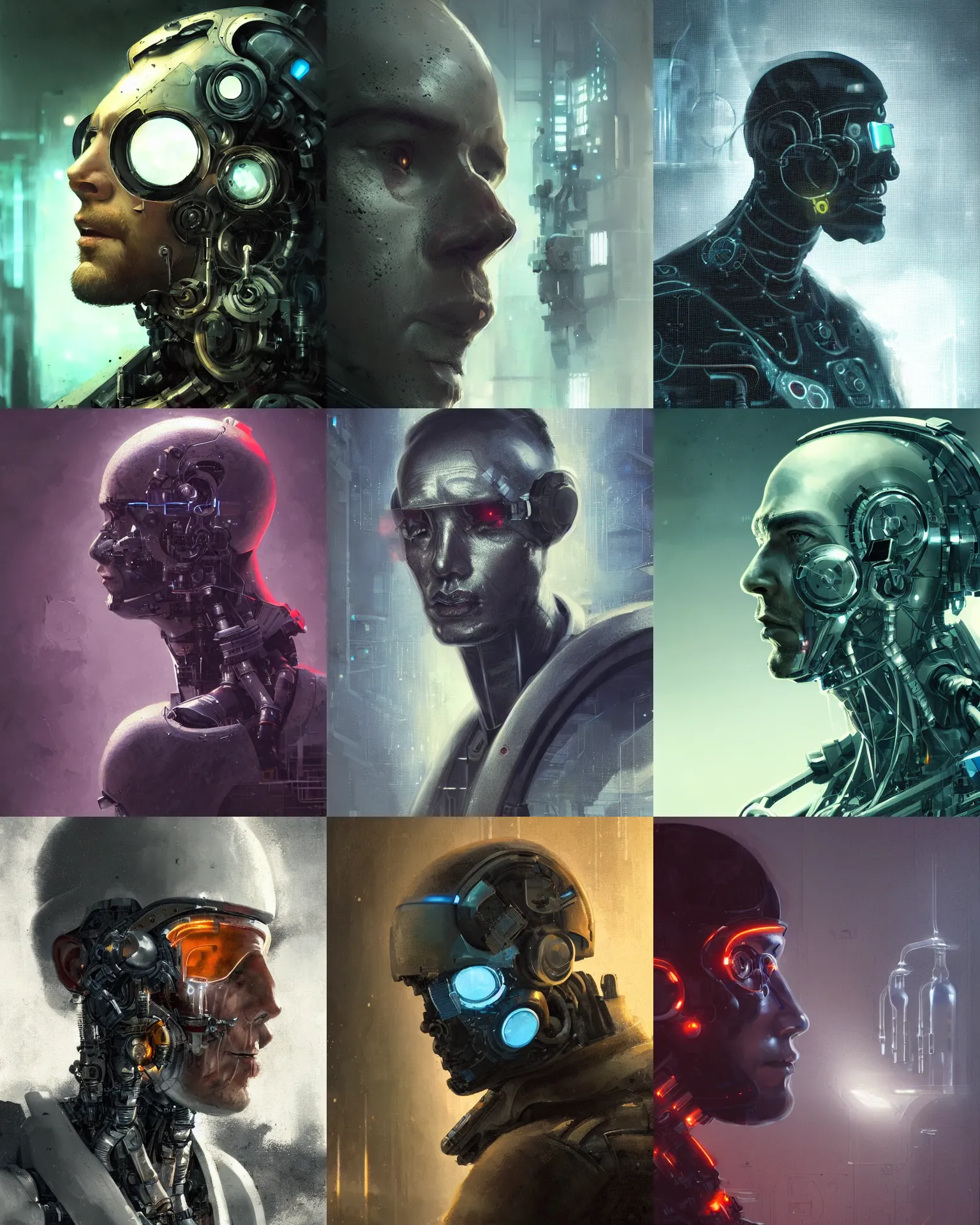 Image similar to a laboratory operator man with cybernetic enhancements seen from a distance, 1 / 2 headshot, scifi character portrait by greg rutkowski, craig mullins, daytoner, cinematic lighting, dystopian scifi gear, profile picture, mechanical, cyborg, half robot