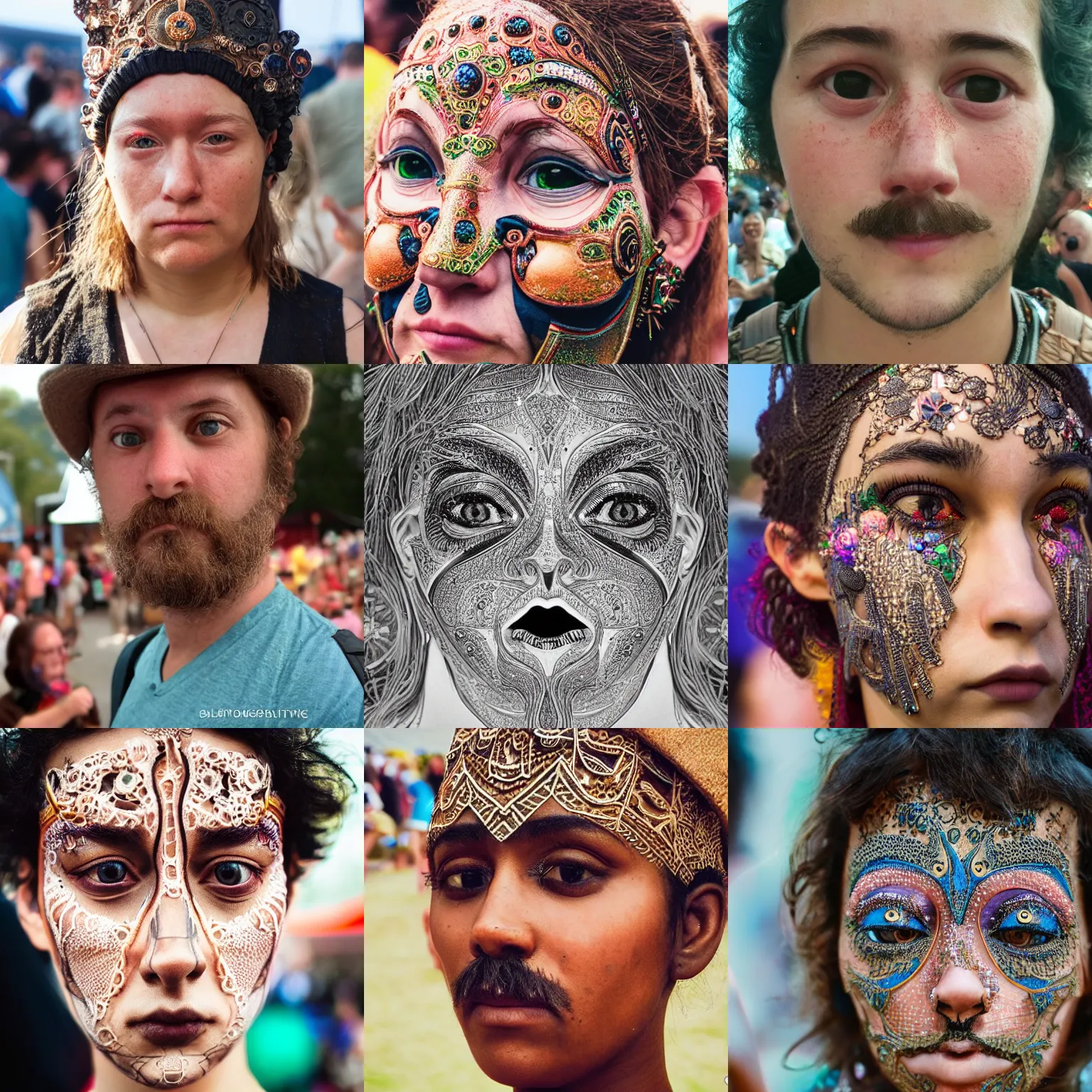 Prompt: the face of a person at a festival who has glimpsed the fourth dimension, intricately detailed, beautiful face, detailed eyes, award winning, 8 k