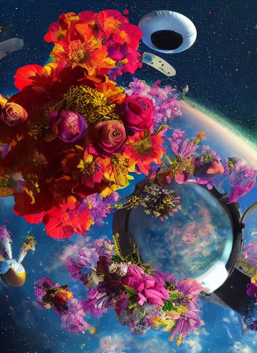 Image similar to An epic fantastic realism comic book style painting of the most beautiful flowers launched into space, bouquets, Shamanic Mask, fisheye lens, unreal 5, DAZ, hyperrealistic, octane render, dynamic lighting