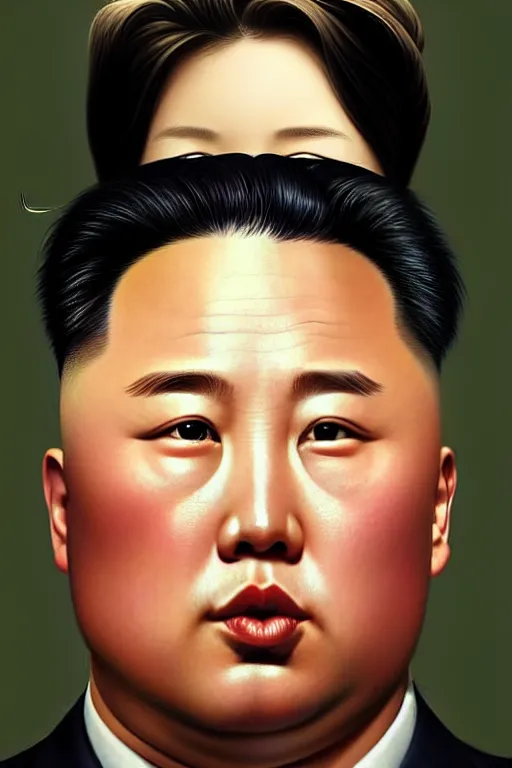 Image similar to putin with kim jong un hairstyle, realistic portrait, symmetrical, highly detailed, digital painting, artstation, concept art, smooth, sharp focus, illustration, cinematic lighting, art by artgerm and greg rutkowski and alphonse mucha