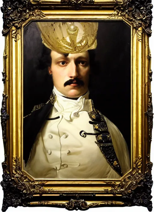 Image similar to highly detailed oil painting | very intricate | cinematic lighting | black, white and gold color scheme, dark background | napoleon dressed by alexander mcqueen | by roberto ferri, by gustav moreau, by singer sargent and klimt, american romanticism, occult art | by austin osman spare, artstation, cgsociety, official art, octane