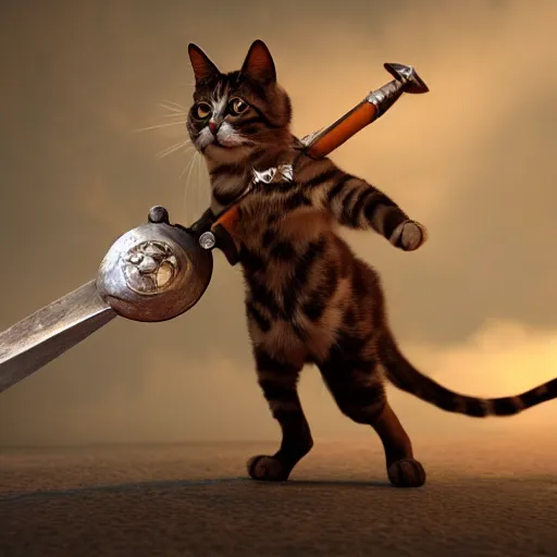 Image similar to a cat with a sword and shield, octane render, unreal engine, fantasy art